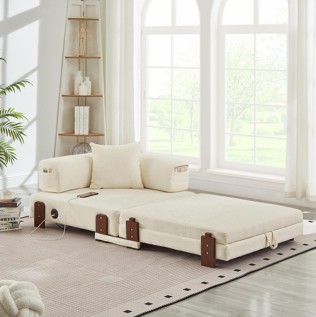 SCHLAFSESSEL aus Stoff Beige mit USB-, Type-C-Anschluss, Stauraum, Seitenfächern und Kissen - Beige, Textil (84/48/170.5cm) - Modfu