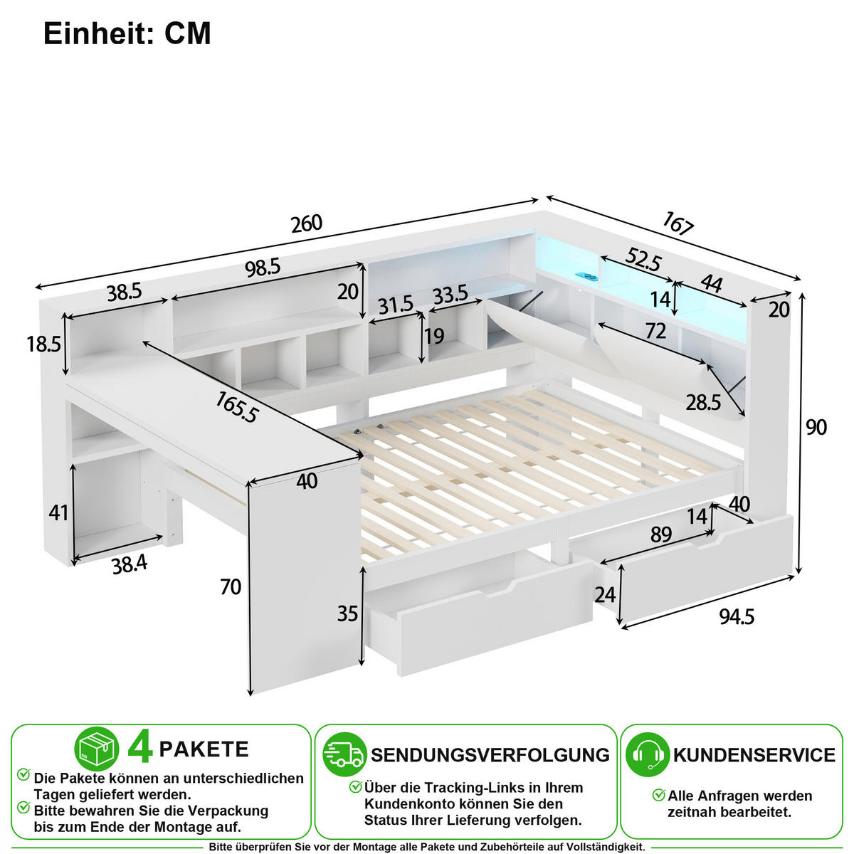 BETT 140/200 cm in Weiß mit Schreibtisch, Regal, Schubladen, LED und USB - Weiß, Holz/Holzwerkstoff (140/200cm) - CHICFURN