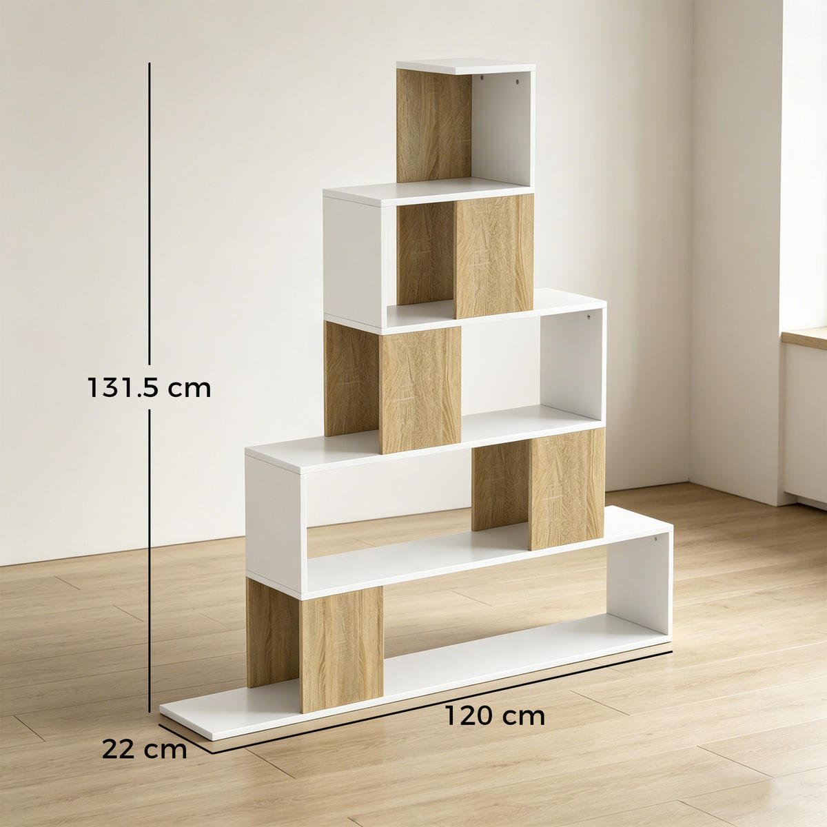 BÜCHERREGAL,5-STÖCKIG Stufendesign 120x22x131,5cm,weiß-holz - Weiß, Holzwerkstoff (120/131.5/22cm) - Vallsero