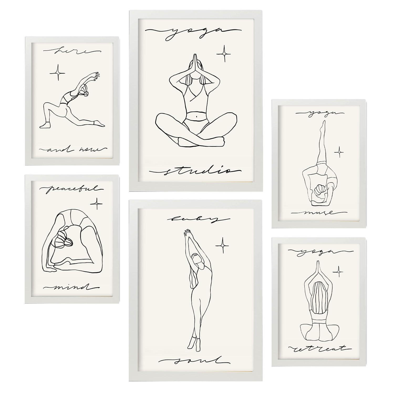 POSTER Set Mit 6 Yoga Musen 1 A3 & A4 Weißer Rahmen - Weiß, Papier (29/3/42cm) - Nacnic
