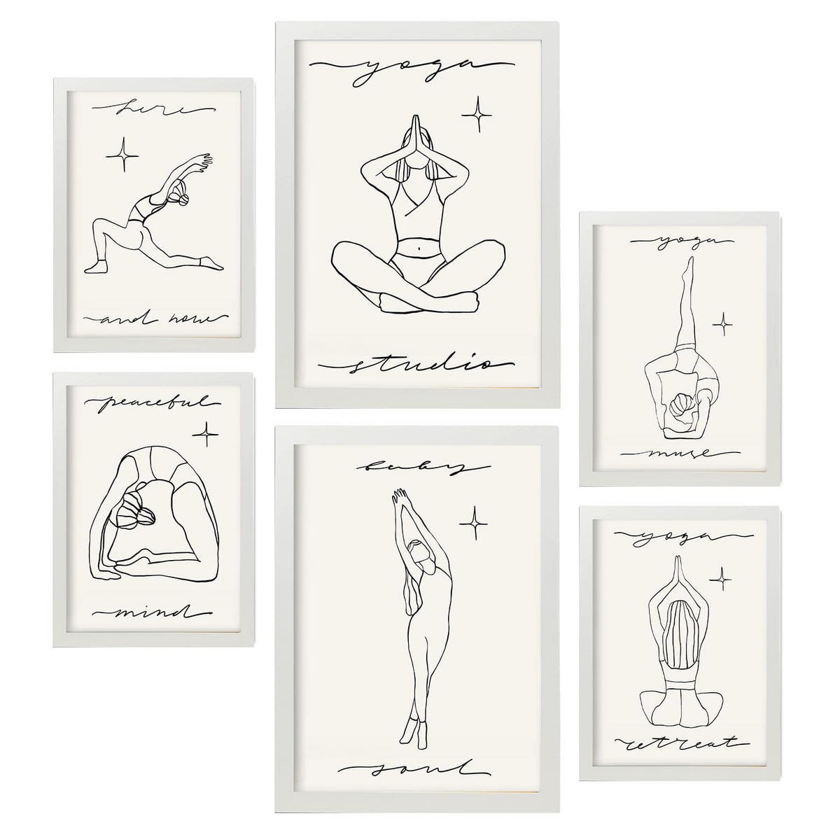 POSTER Set Mit 6 Yoga Musen 1 A3 & A4 Weißer Rahmen - Weiß, Papier (29/3/42cm) - Nacnic