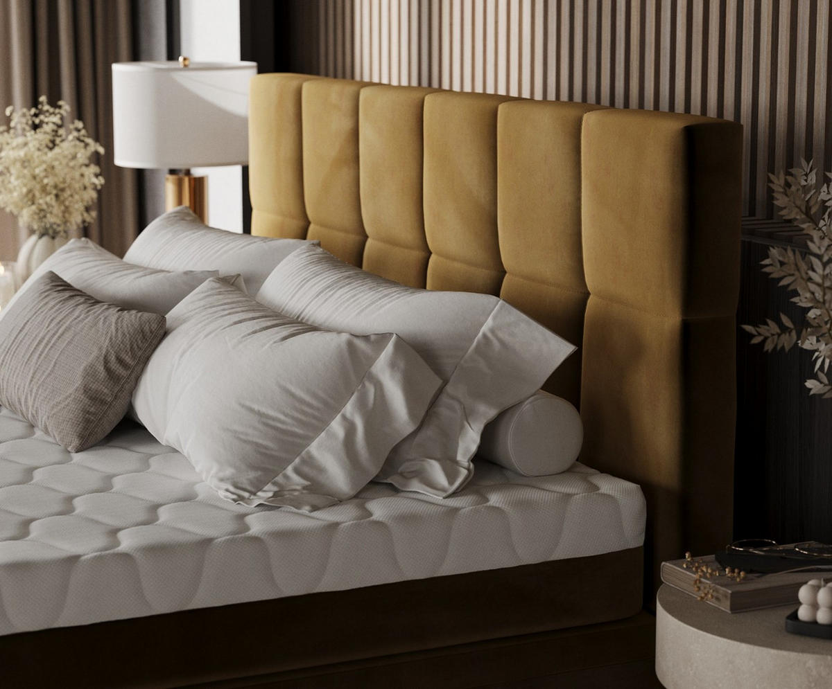 BOXBETT Elano 180/200 cm Honiggelb im Kronos Stoff - Schwarz/Honig, Holz/Holzwerkstoff (180/200cm) - AltaBeds