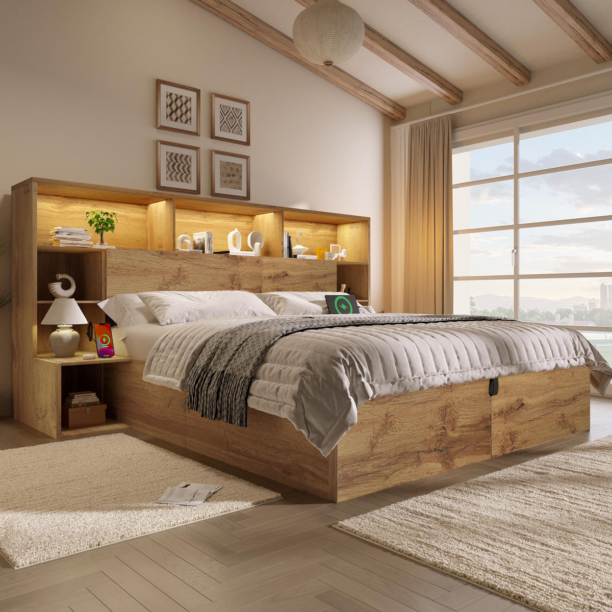 BETT 160/200 cm in Eiche mit Bettkasten, LED, USB und integrierten Nachttischen Holzoptik - Eichefarben, Holzwerkstoff/Metall (160/200cm) - STILVORA