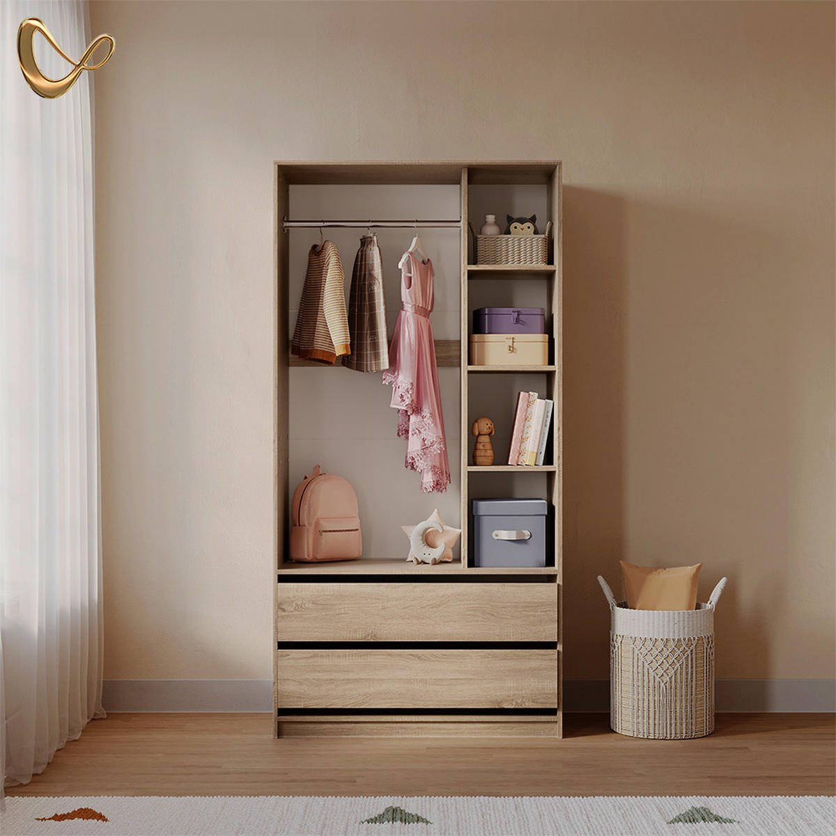 KINDERKLEIDERSCHRANK Trento Sonoma 100 x 200 cm mit 2 Schubladen - Sonoma Eiche, Holzwerkstoff (100/200/50cm) - Livinity®