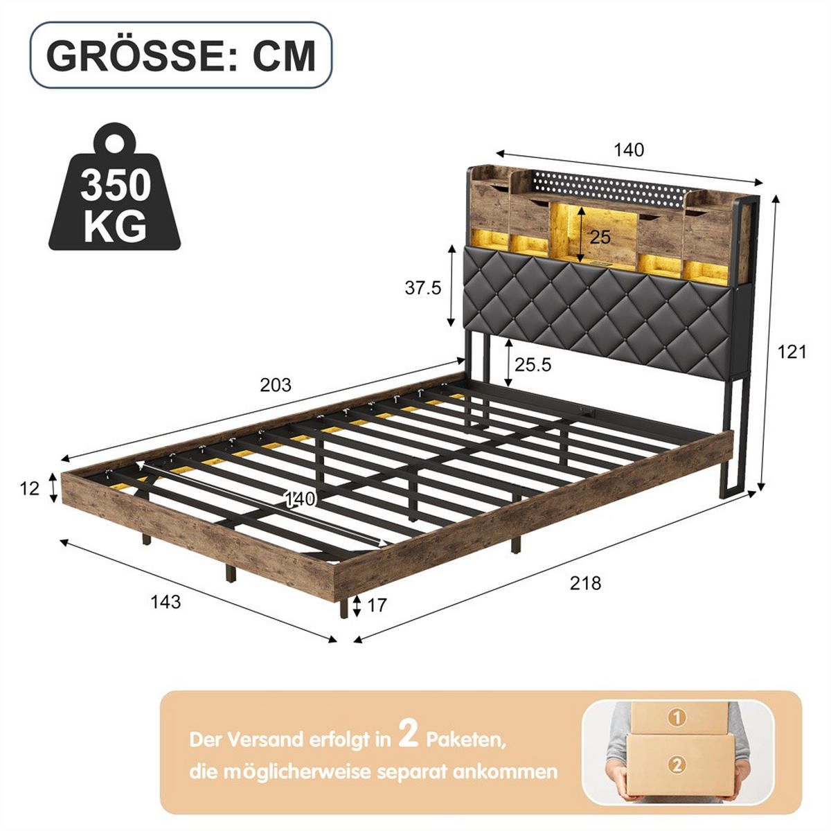 METALLBETT 140x200 cm mit Schwebender Optik - LED Beleuchtung - Kopfteil mit Stauraum und Ladestation - ohne Matratze - Schwarz, Metall (140/200cm) - DELFA