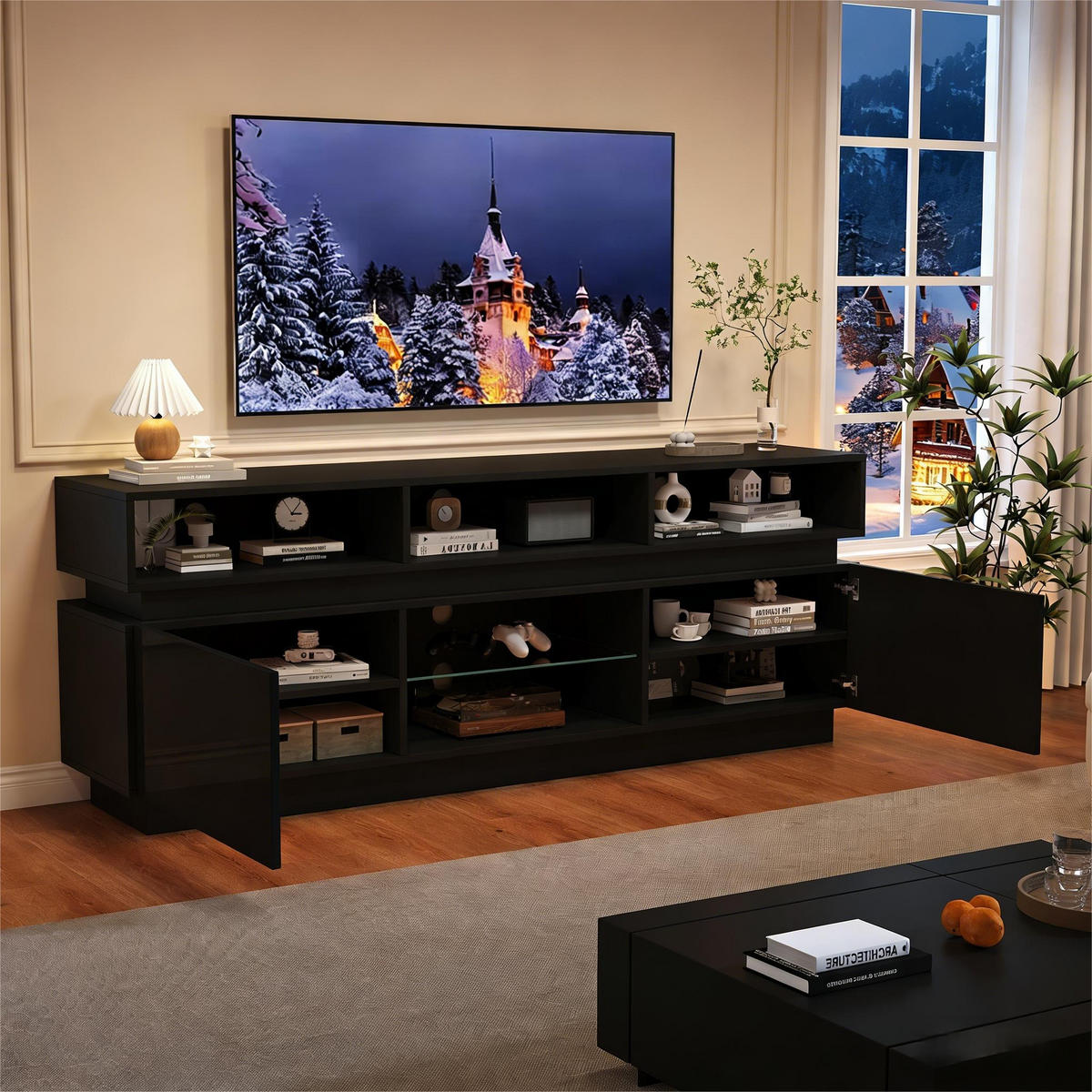 TV-LOWBOARD 160x35x60 cm Schwarz Hochglanz LED MDF 60" TV - Schwarz, Holzwerkstoff (35/60/160cm) - FLIEKS