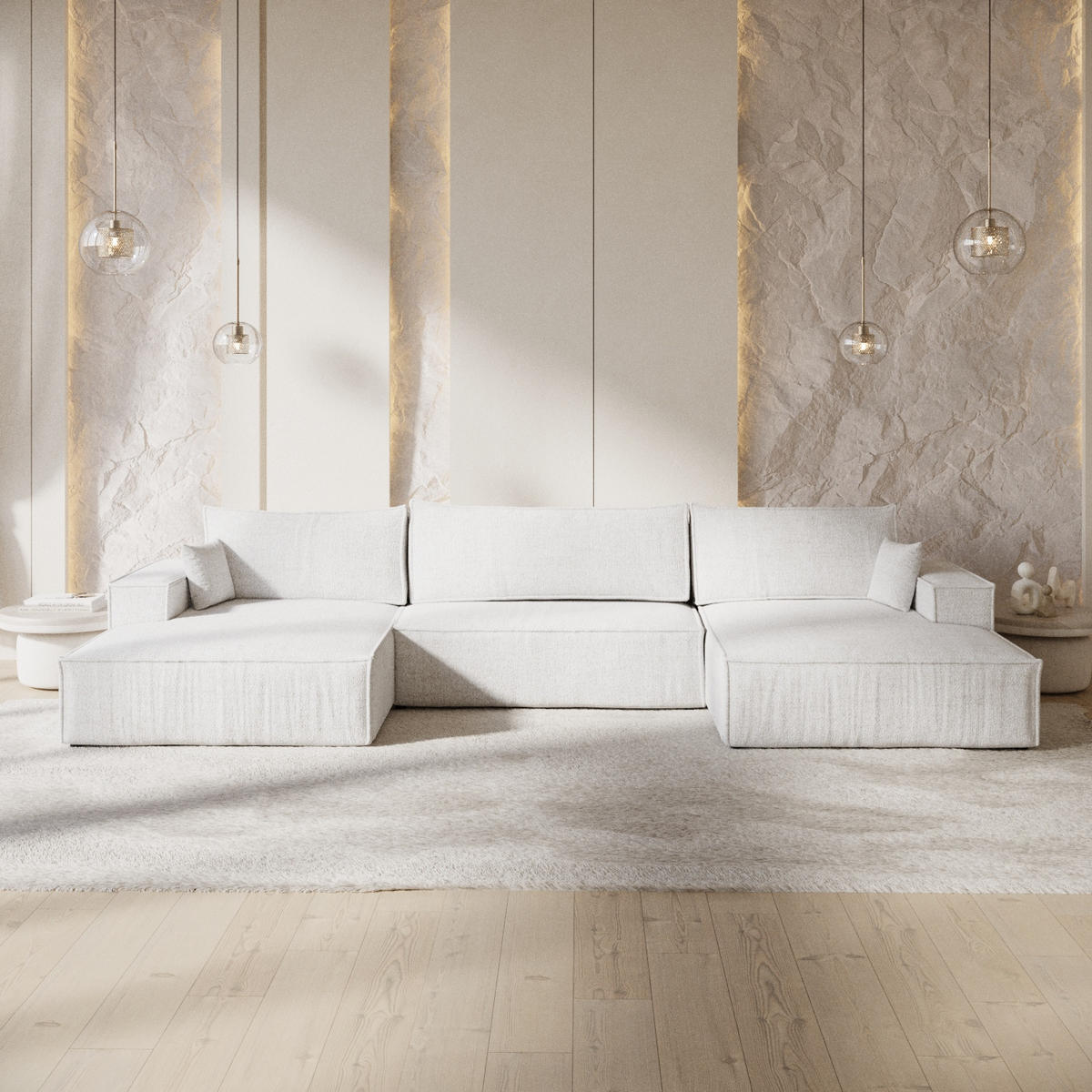 WOHNLANDSCHAFT NUBO mit Schlaffunktion Creme im Neve Stoff - Creme/Schwarz, Holz/Holzwerkstoff (398/70/148cm) - AltaBeds