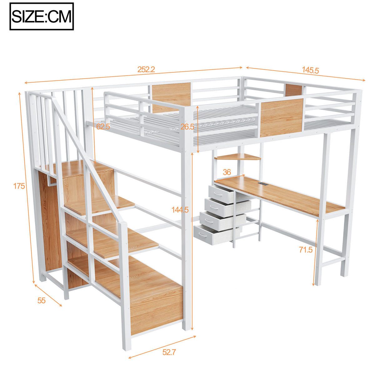 HOCHBETT 140x200 cm in Weiß mit Schreibtisch, LED-Beleuchtung und Steckdose - Weiß, Metall (140/200cm) - IVMEU