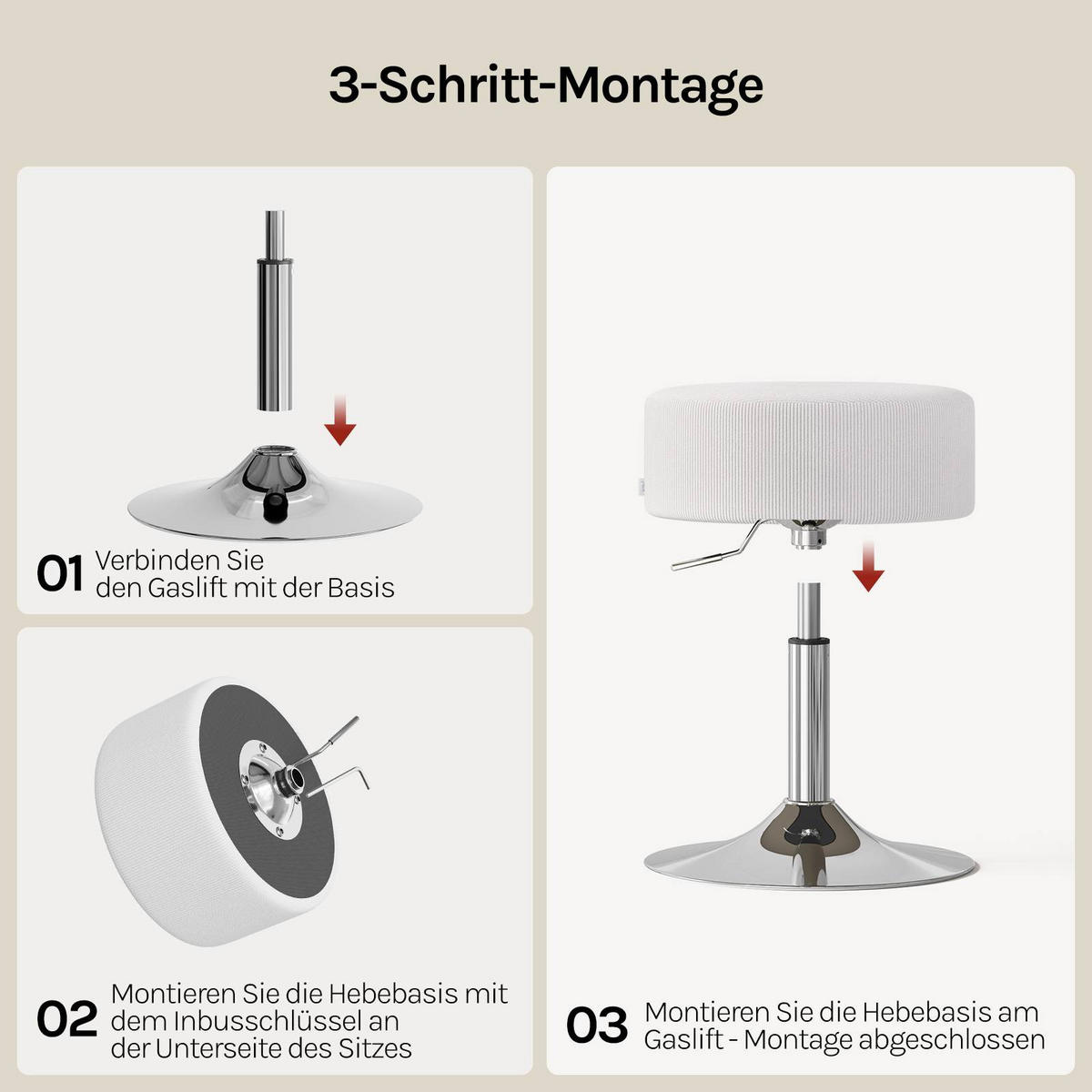 SITZHOCKER rund, drehbar, Cord-Sitzfläche, Weiß - Silberfarben/Weiß, Textil/Metall (38.5/56/38.5cm) - Woltu