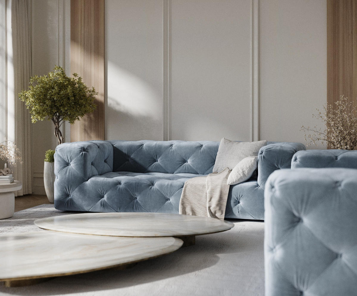 3-SITZER-SOFA Cosimo Blau Grau Samtstoff - Blaugrau/Schwarz, Holz/Holzwerkstoff (230/71/100cm) - Maison de Reve