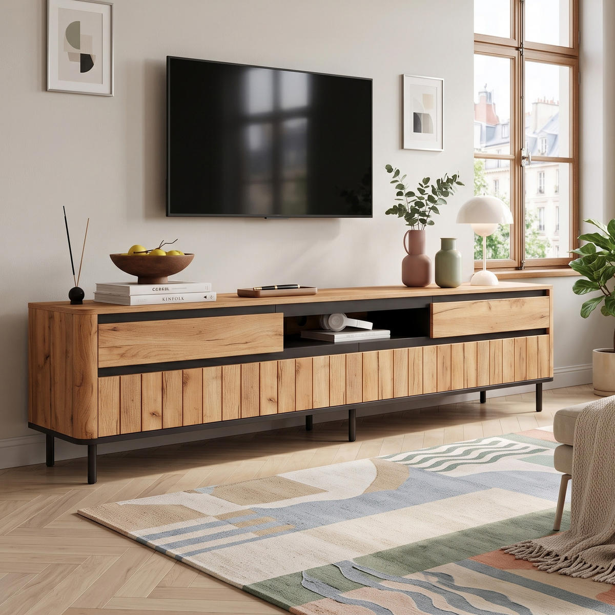 TV STOLEK s 2 zásuvkami a 2 výklopnými dvířky, přírodní, 180 cm - přírodní/černá, kompozitní dřevo (180/52/40cm) - Urban Meuble