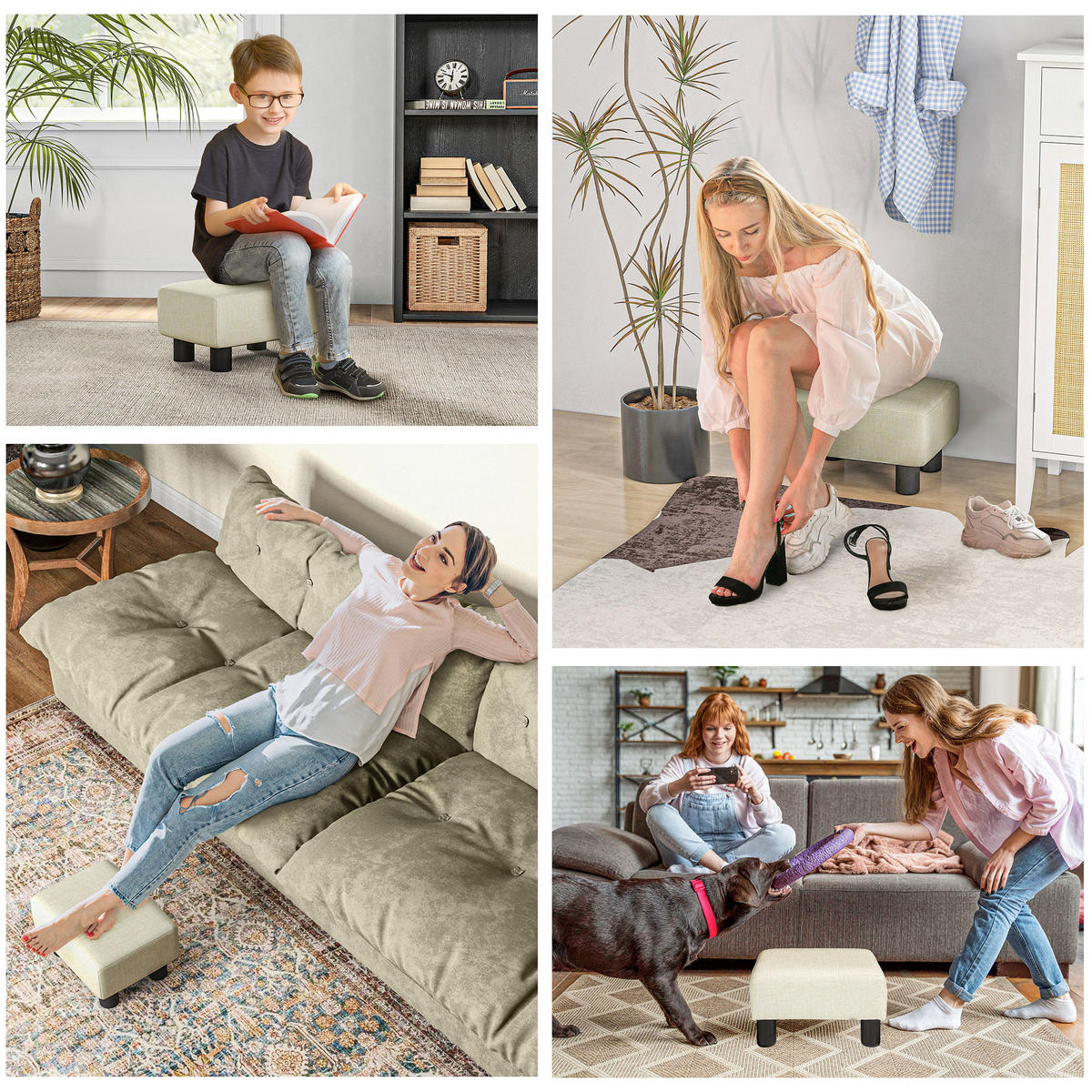 POUF DE-16425 gepolstert mit Leinenbezug Beige - Beige, Textil (30/24/40cm) - ComfortXL