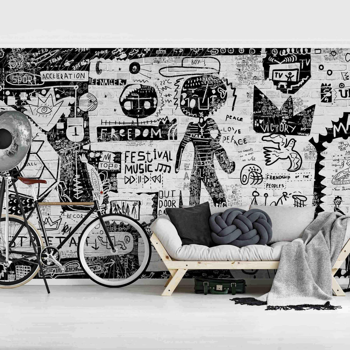 FOTOTAPETE Abstract Graffiti Art Schwarz Weiß 384/255 cm - Schwarz, Papier (384/255cm) - Bilderwelten