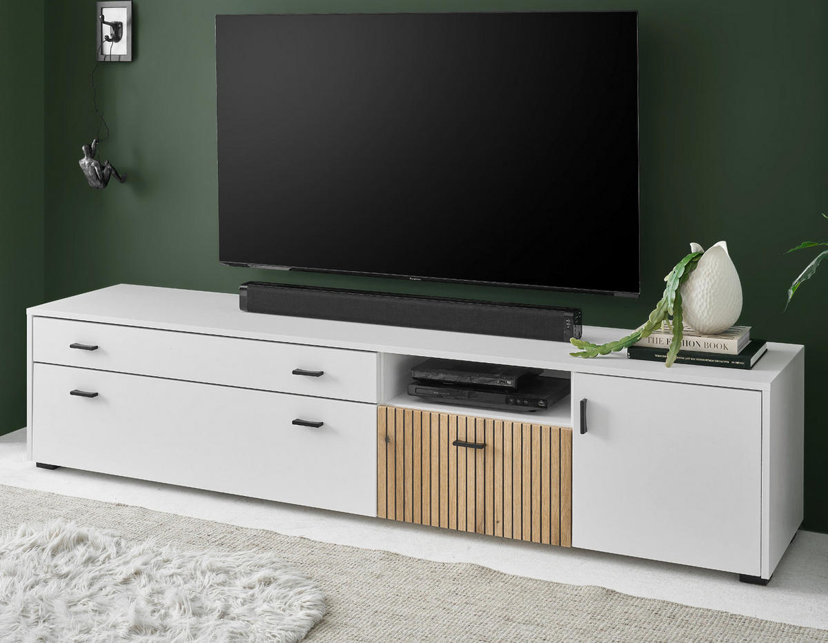 TV-LOWBOARD weiß matt, Eiche 200 cm, Flat-TV Unterschrank mit Soft-Close - Eichefarben/Schwarz, Holzwerkstoff/Kunststoff (200/44/42cm) - Furn.Design