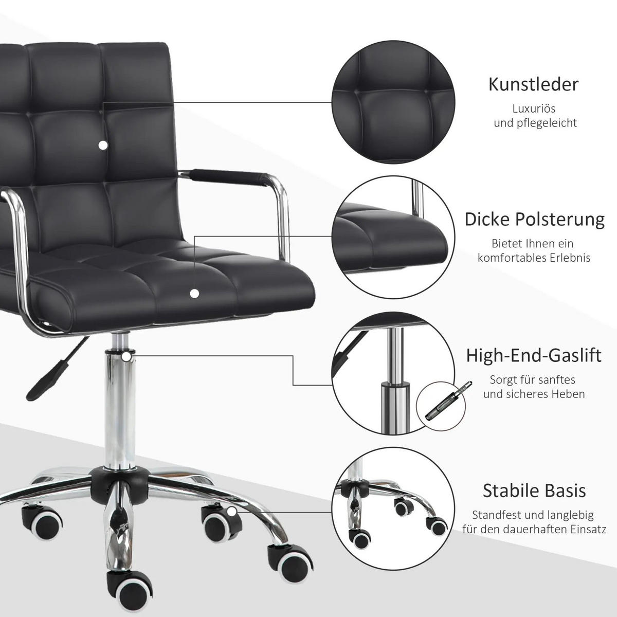 DREHSTUHL 52.5/54/84-99 cm ,Sitzhöhe 46-61 cm, gepolstert mit PVC-Bezug, schwarz - Schwarz, Kunststoff (54/99/52.5cm) - Redom