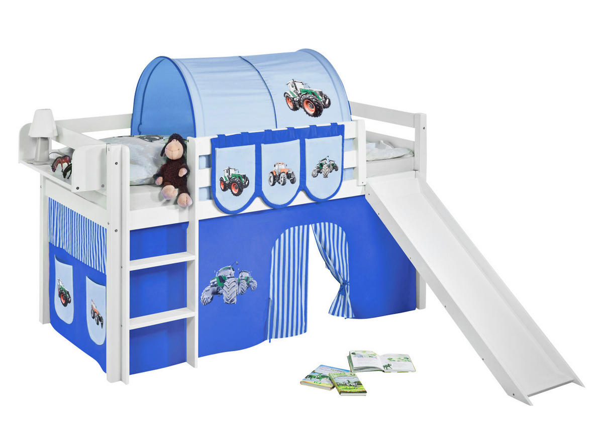 SPIELBETT JELLE Trecker Blau - Hochbett - mit Rutsche und Vorhang - Weiß, Holz - Lilokids