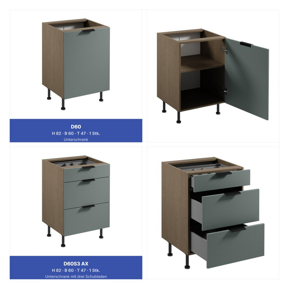 KÜCHENZEILE 300 cm - Sorento KS1-M300 - in Grün /Dunkle Eiche - Eichefarben/Dunkelbraun, Holz (300/247/58cm)