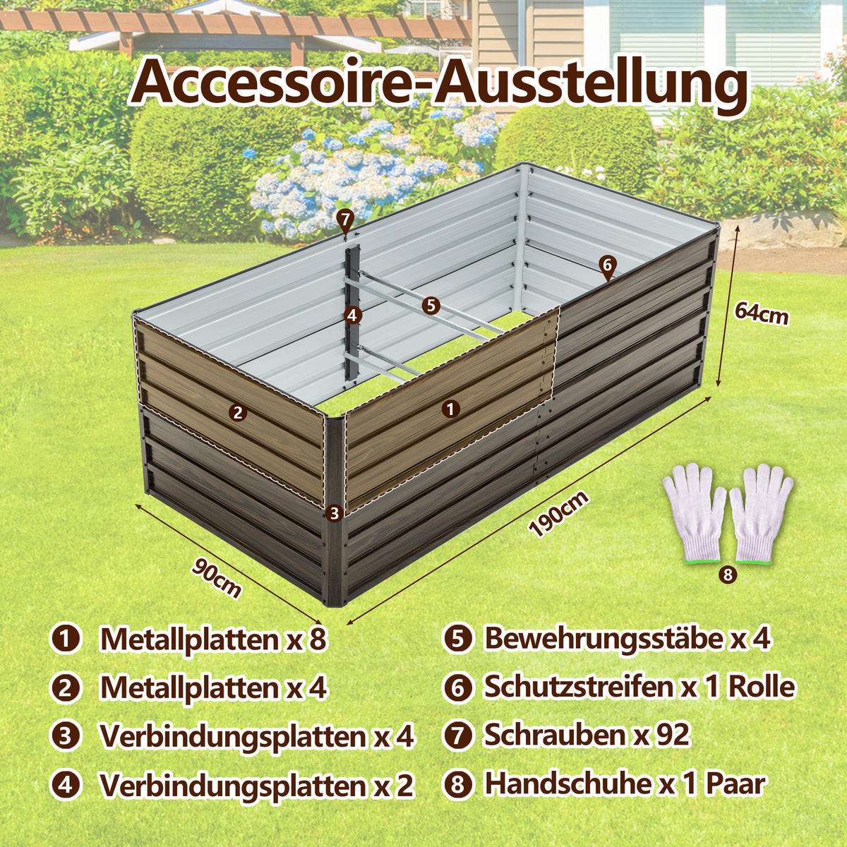 HOCHBEET 190/90/64 cm Schwarz (1 Stück) - Naturfarben, Metall (90/64/190cm) - Oxeza