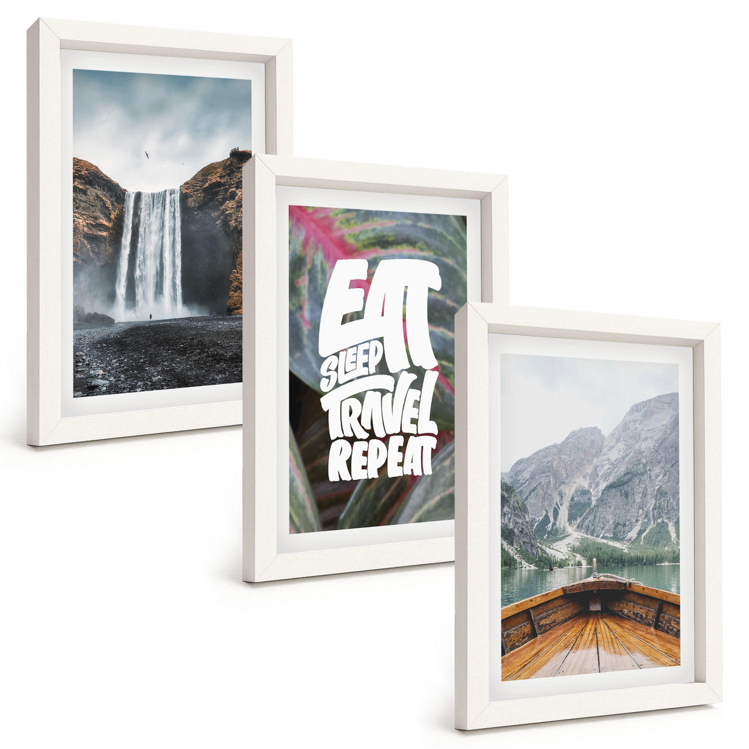 BILDER SET 3er Set - 20x30 cm Weißer Rahmen - Wasserfall Berge Natur Boot - Weiß, Kunststoff (20/30cm) - TULUP