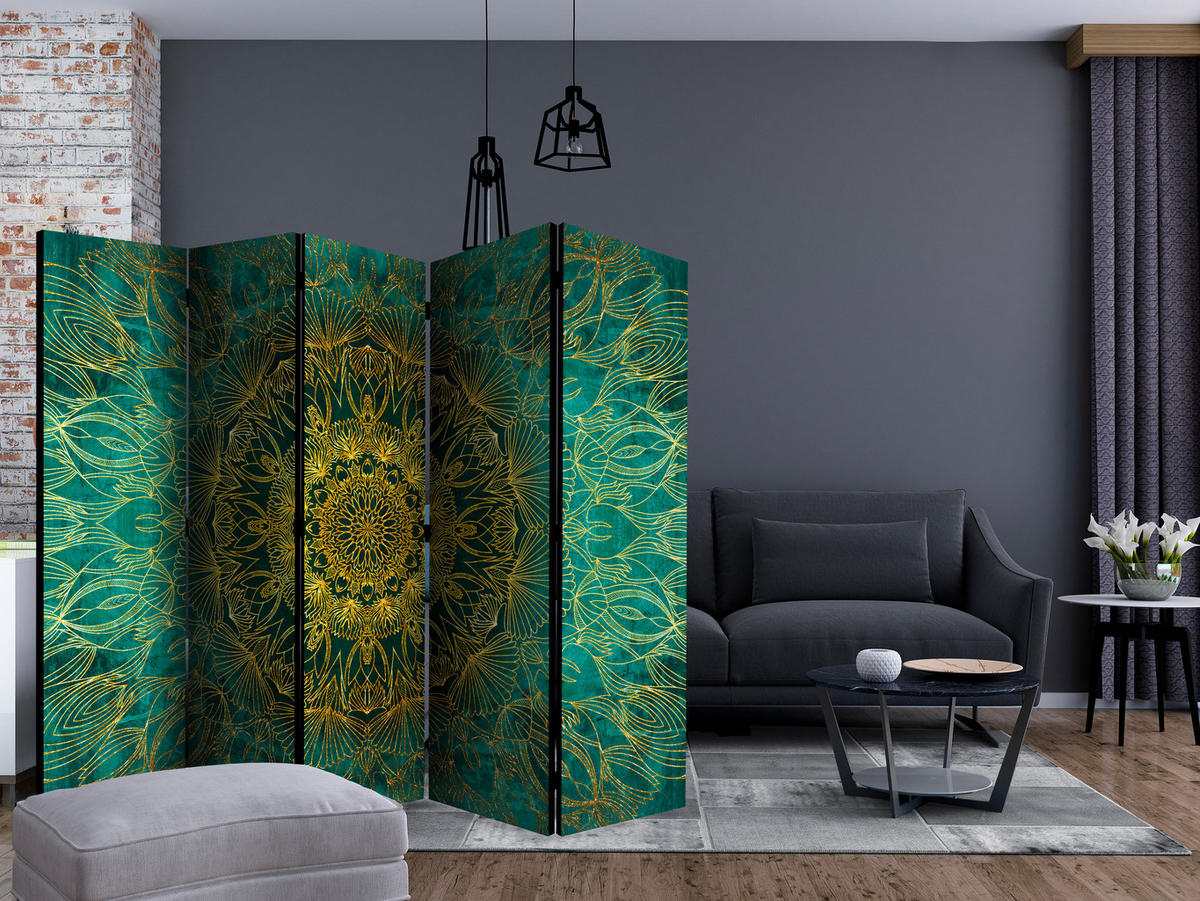 PARAVÁN Jednostranný 5-Dielny 225x172 cm Zlatá Mandala - zelená, drevo/textil (225/172/3cm) - Muralo