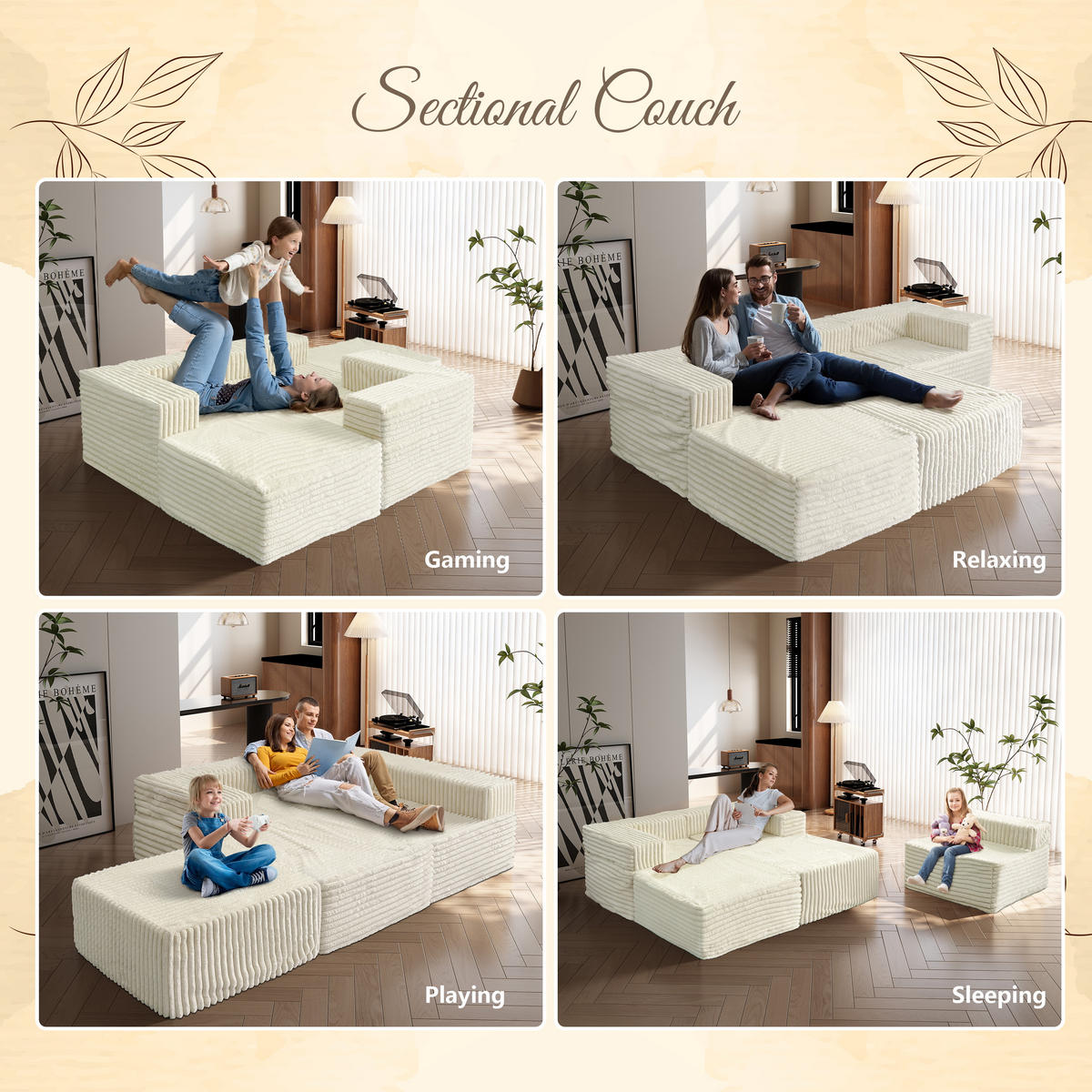 MODULARSOFA mit Cord-Optik 270×180 cm - Beige, Textil (270/60/180cm) - Vercart