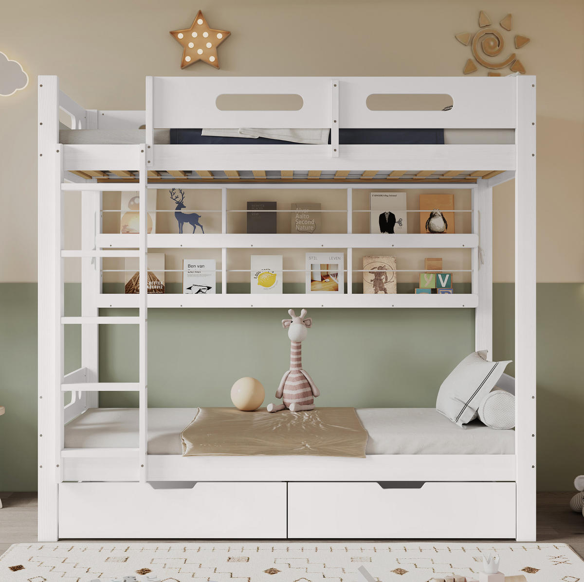 ETAGENBETT 90/200 cm Weiß/Natur mit offenem Regal und 2 Schubladen - Weiß, Holz (90/200cm) - MIVRAY