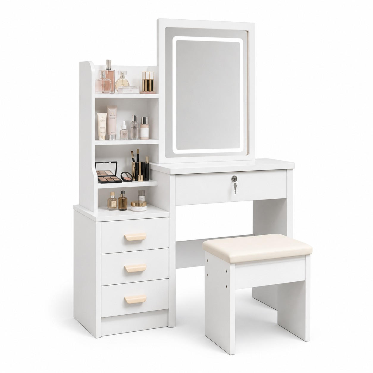 SCHMINKTISCH in Weiß Frisiertisch mit Spiegel LED-Beleuchtung Hocker 4 Schubladen 3 Farbmodi , B85/T36/H130cm - Weiß, Glas/Holzwerkstoff (85/130/36cm) - STILVORA