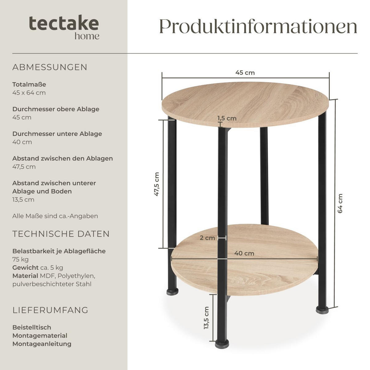 BEISTELLTISCH Ballina,45 x 64 cm,Industrial Holz hell, Eiche Sonoma - Naturfarben, Holz (45/45/64cm) - tectake