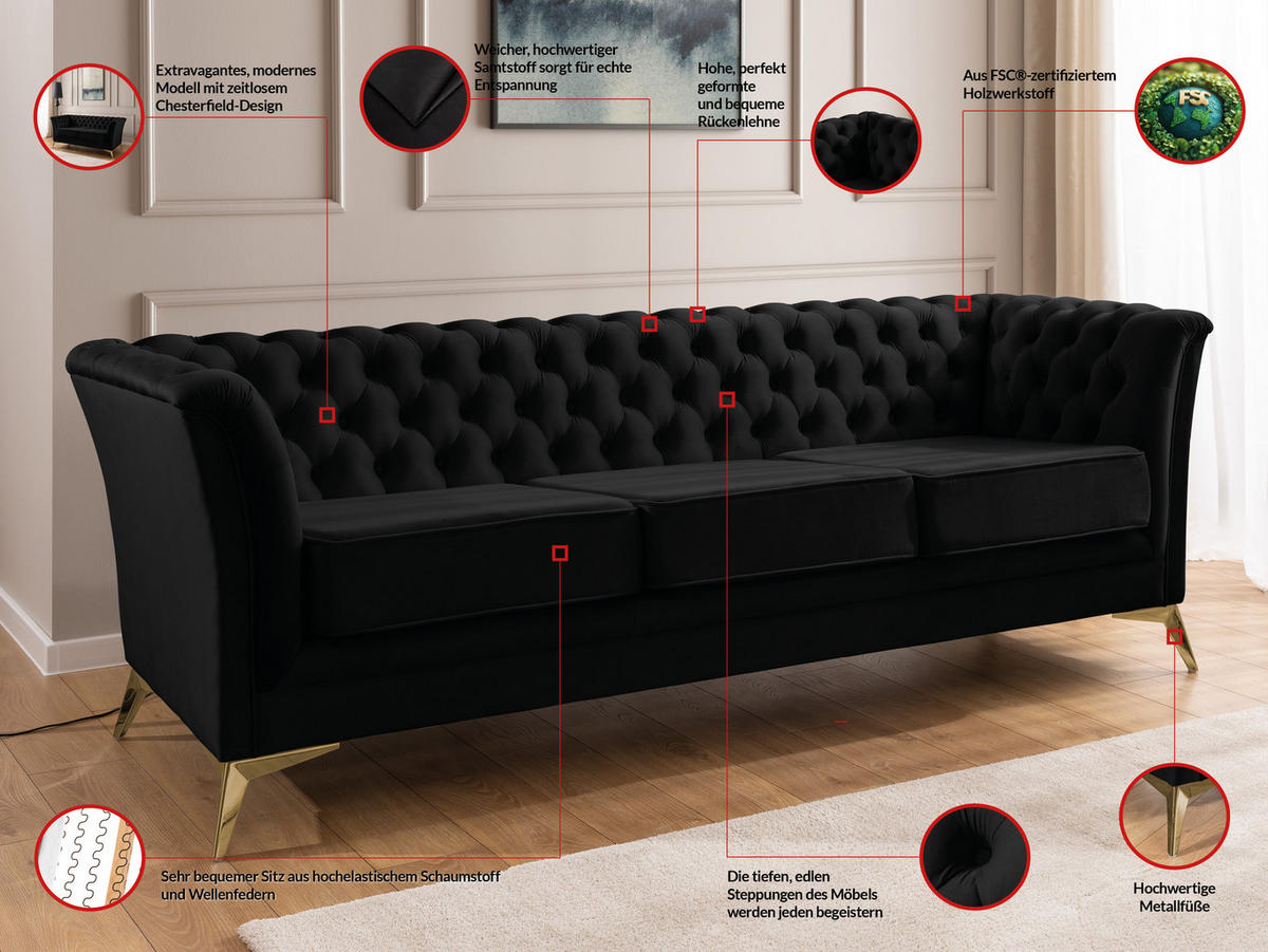 SITZGARNITUR 3+2+1 Chesterfield Whitby Schwarz Samt mit goldenen Füßen - Goldfarben/Schwarz, Holz/Textil (237/78/82cm) - S-Style Möbel