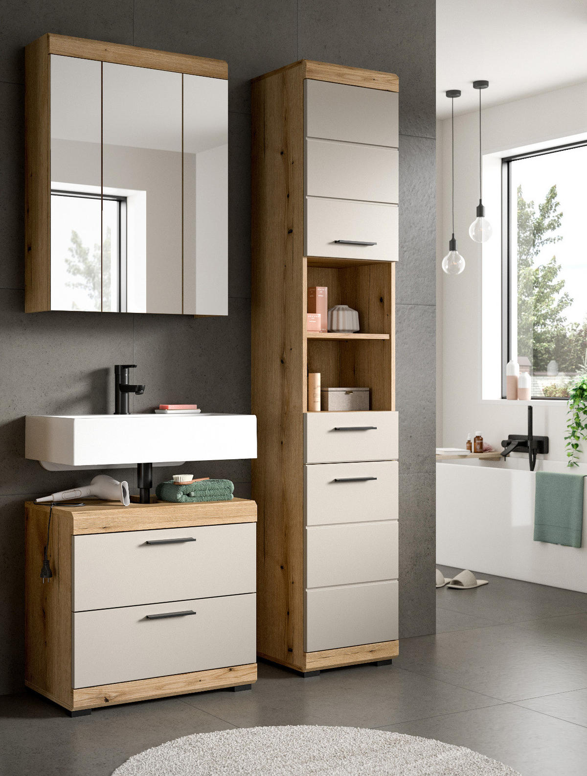 BADMÖBEL Set 3-teilig in Sand Kaschmir und Evoke Eiche Badkombination 112 x 191 cm Shawn - Kaschmir/Eichefarben, Glas/Holzwerkstoff (112/191/34cm) - Inn.Furn