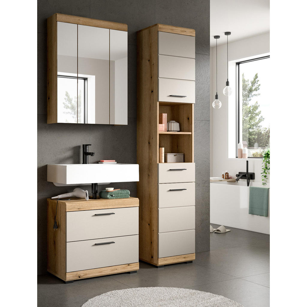 Thumbnail - Inn.Furn Badmöbel-Set, Kaschmir, Eiche, Kunststoff, Nachbildung,Eiche, Uni, 9 Fächer, 3 Schubladen, 112x191x34 cm, FSC M...