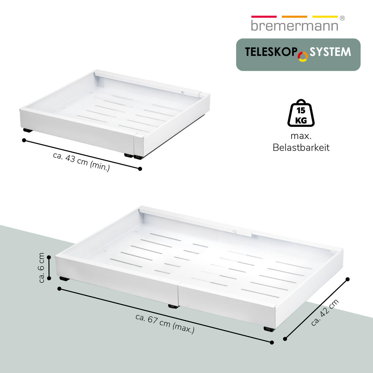 TELESKOPSCHUBLADE, ausziehbar, Metall, weiß - Weiß, Metall (67/6/42cm) - bremermann
