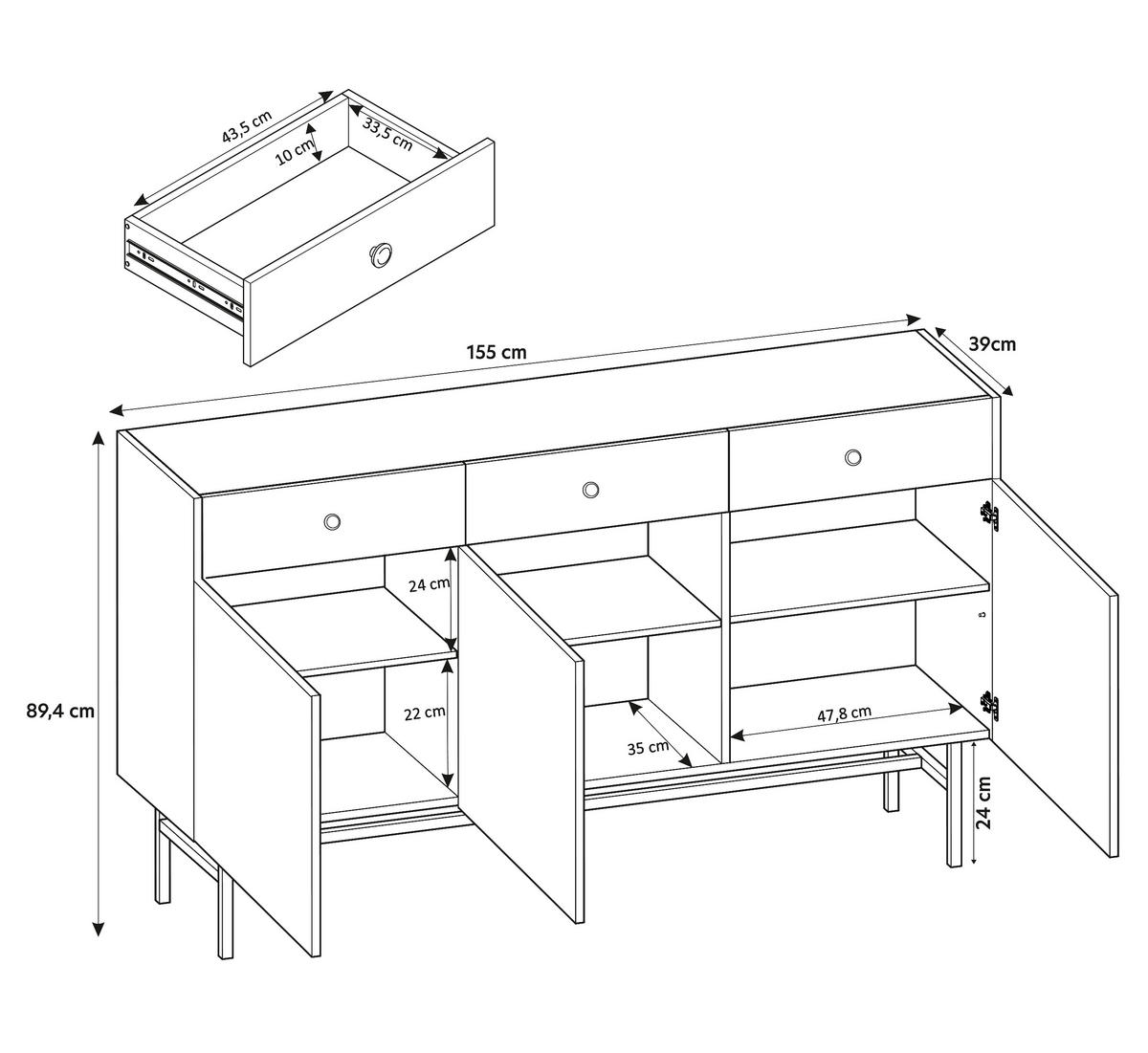 SIDEBOARD Dinley 3T 3S Schwarz, Braun 155/89,4/39 cm – mit langen Beinen und Lamellenfront - Schwarz/Braun, Holzwerkstoff/Metall (155/89.4/39cm) - AX Living