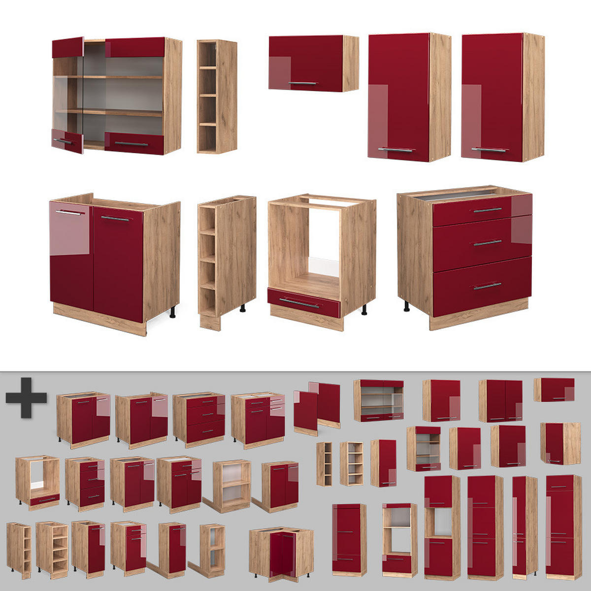 KÜCHENZEILE Fame-Line Bordeaux Hochglanz/Goldkraft Eiche 235 cm AP Anthrazit - Bordeaux/Eiche Wotan, Holzwerkstoff (235/81.6/60cm) - Vicco