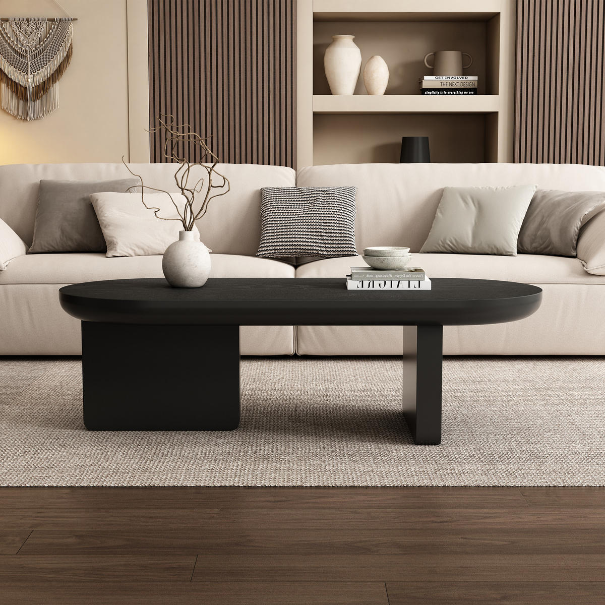 COUCHTISCH Schwarz Oval MDF minimalistisch 119,7/49,8/35,5 cm - Schwarz, Holzwerkstoff (49.8/119.7/35.5cm) - PANGIVO