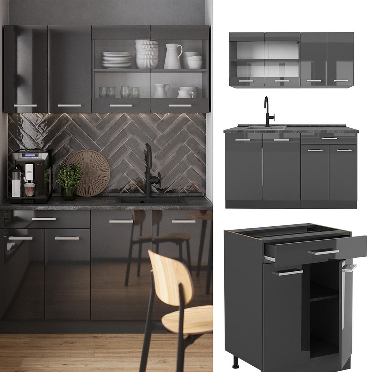 SINGLEKÜCHE R-Line Anthrazit Hochglanz/Anthrazit 140 cm ohne Arbeitsplatte - Anthrazit, Holzwerkstoff (140/81.6/46cm) - Vicco