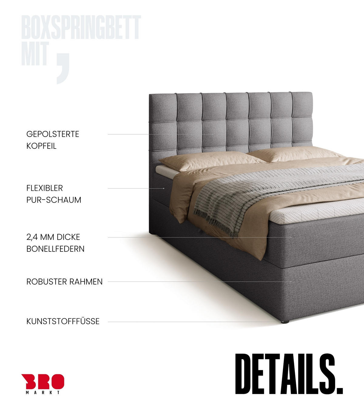 BOXBETT Detroit mit Topper 140/200 Grau - Grau, Textil (140/200cm) - Bromarkt