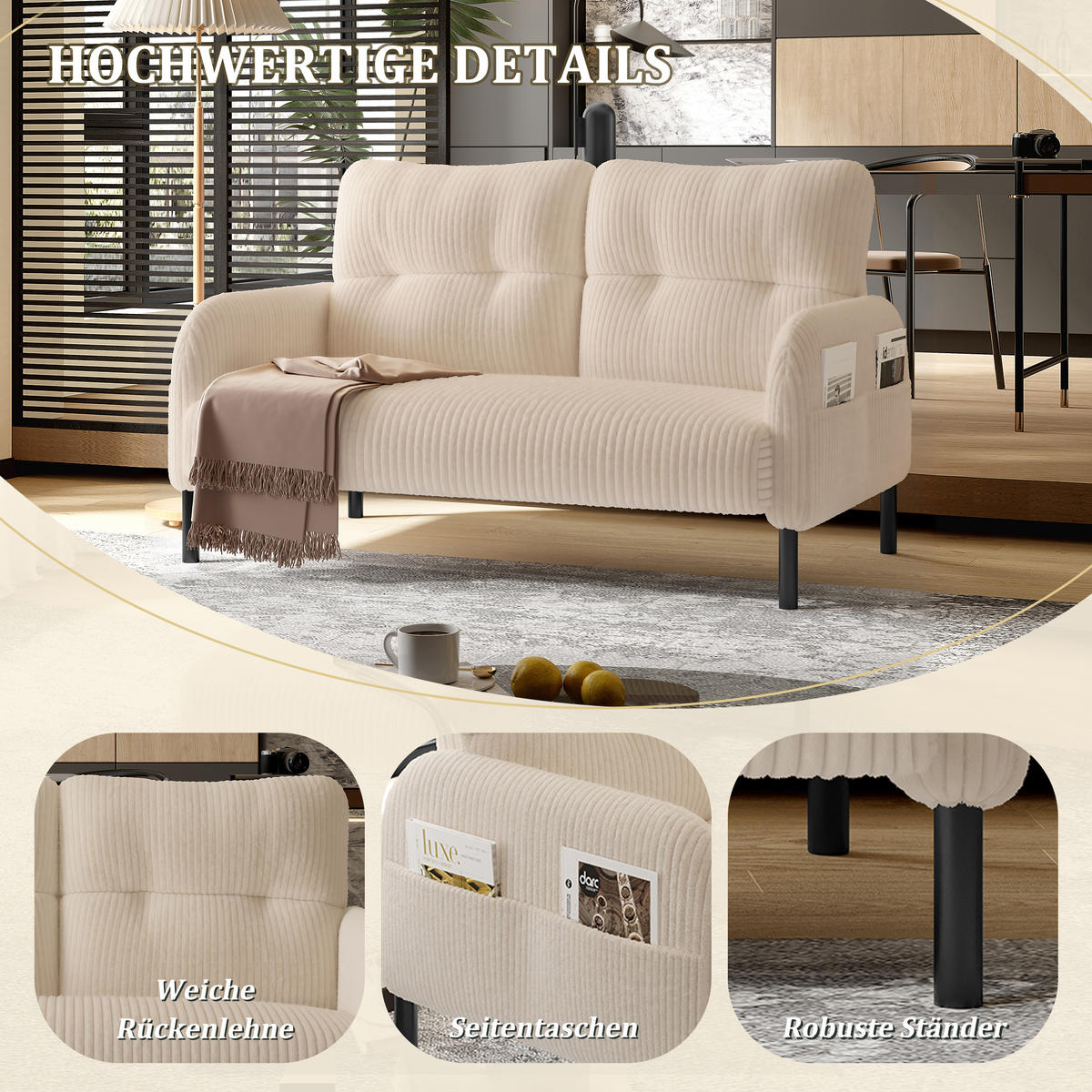 2-SITZER SOFA Cord Beige mit Seitentasche - Beige, Textil/Metall (120/79/75cm) - WISHDOR