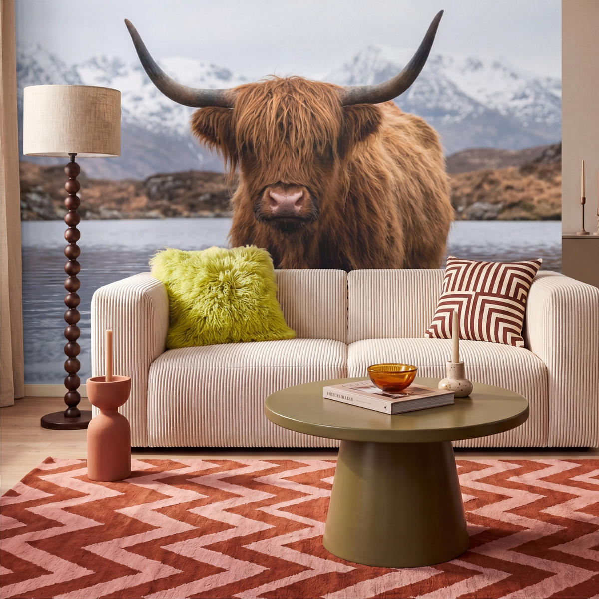 TAPETE - Schottischer Hochländer - Braun - Wasser - 350x220 cm - Braun, Papier (350/220cm) - OnlyWow
