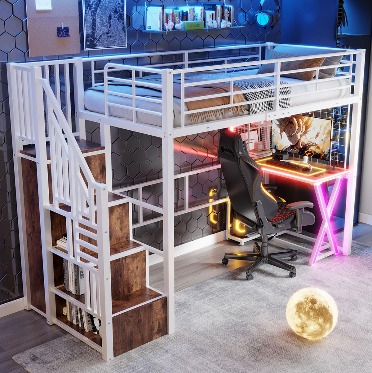 HOCHBETT aus Metall und MDF 90x200 cm Weiß mit LED-Beleuchtung, Schreibtisch, Kleiderschrank und Ablageleiter - Weiß, Metall (140/200cm) - Modfu