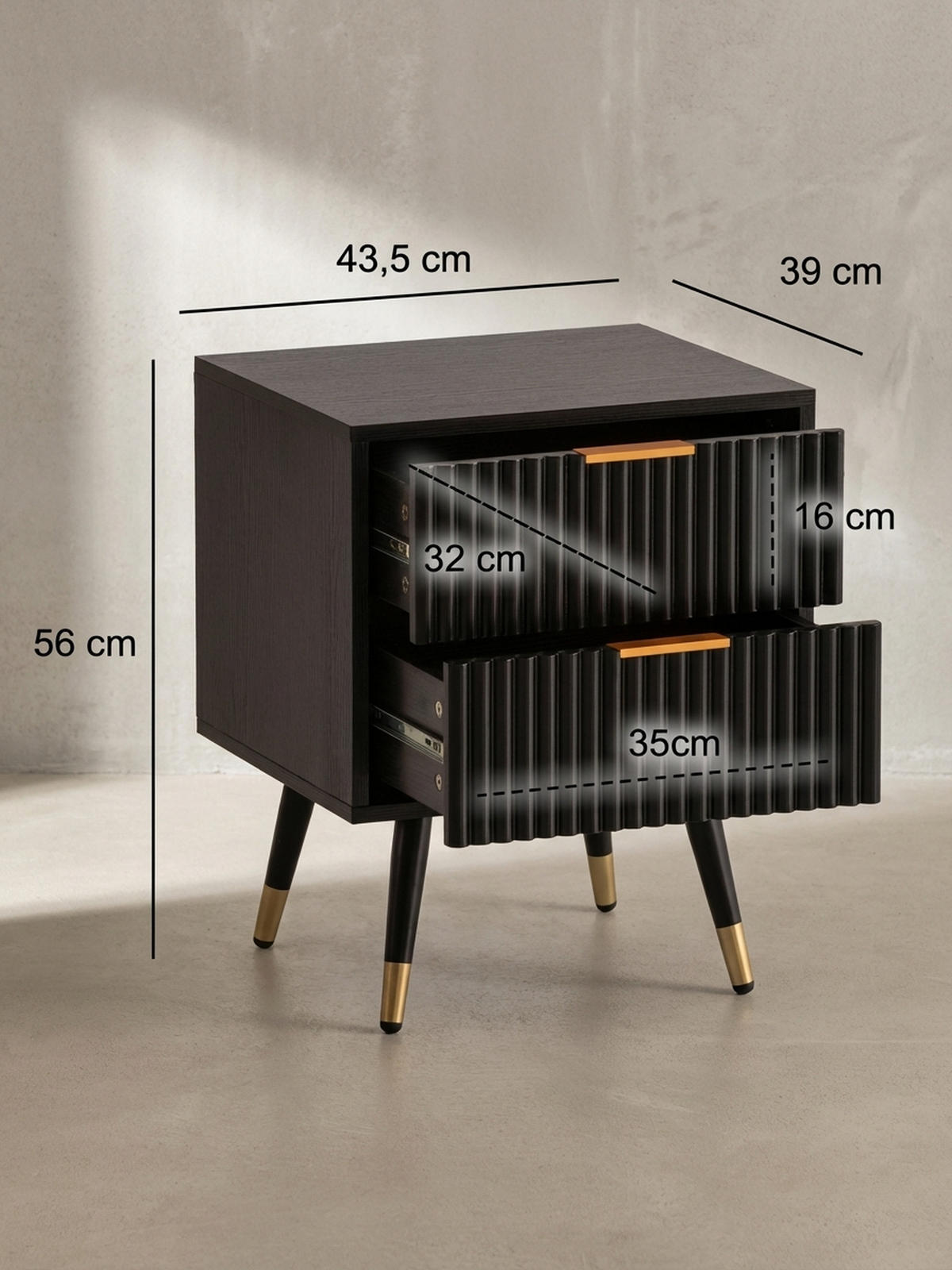 NACHTTISCH – Schwarz/Eiche-Dekor, 43,5x39x56 cm, mit Schubladen, modern - Goldfarben/Schwarz, Holzwerkstoff/Metall (44/56/39cm) - KADIMA DESIGN