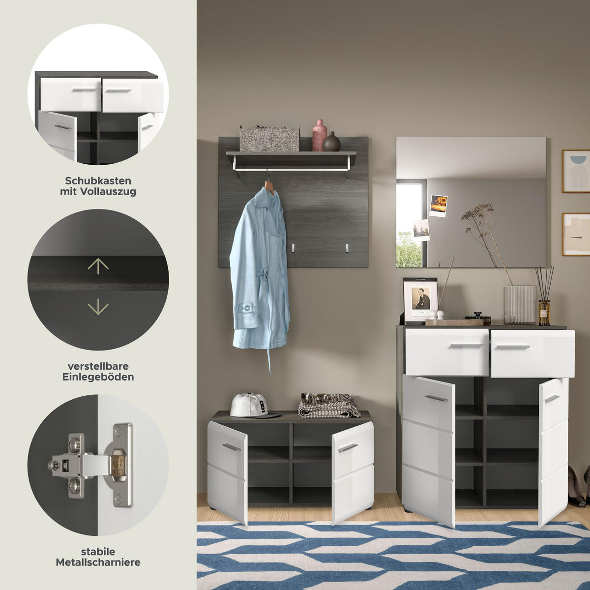 GARDEROBENKOMBINATION Salsa 175x192x37 cm Rauchsilber Weiß 4tlg. - Silberfarben, Holz (175/192/37cm)