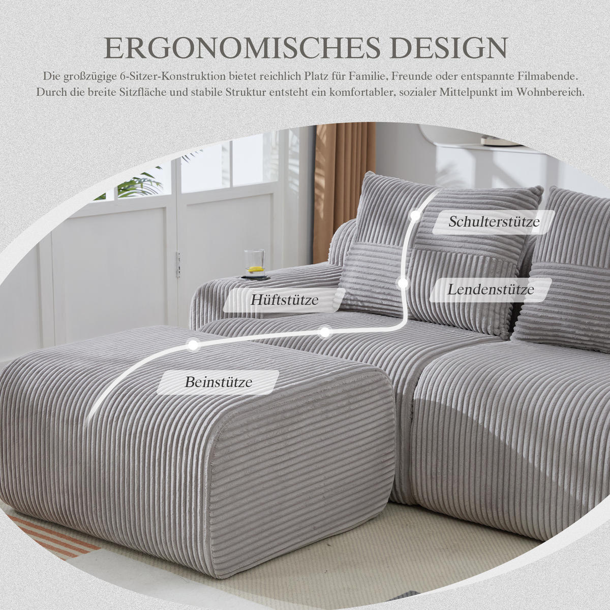 MODULARES Sofa 333/174/80 cm in Hellgrau mit 2 Hockern und Getränkehalter - Hellgrau, Textil (174/80/333cm) - Flora Grace