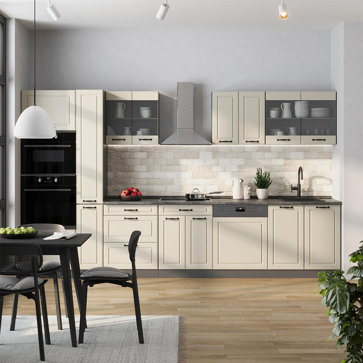 KÜCHENZEILE R-Line, Sand Landhaus/Anthrazit, 350 cm Arbeitsplatte Goldkraft Eiche - Beige/Anthrazit, Holzwerkstoff (350/206.8/60cm) - Vicco