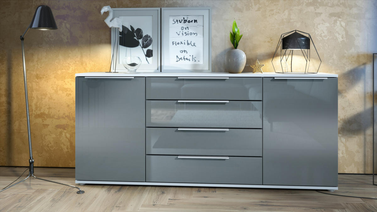 SIDEBOARD Linio Grau Hochglanz - Grau, Holzwerkstoff (166.5/75.5/35cm) - Vladon