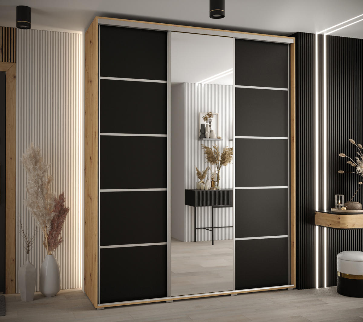 SCHWEBETÜRENSCHRANK 235,2/190/60 3-türig - Silberfarben/Schwarz, Holz/Metall (190/235/60cm) - Abiks Möbel