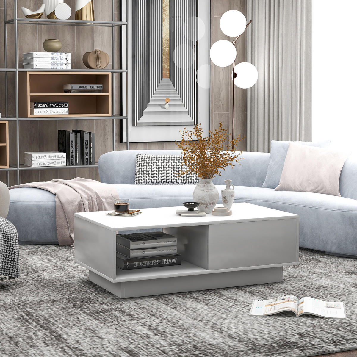 COUCHTISCH 95x55cm Modern Hochglanzweiß LED 15-Farben rechteckig - Weiß, Holz (106.5/67.5/15cm) - FLIEKS