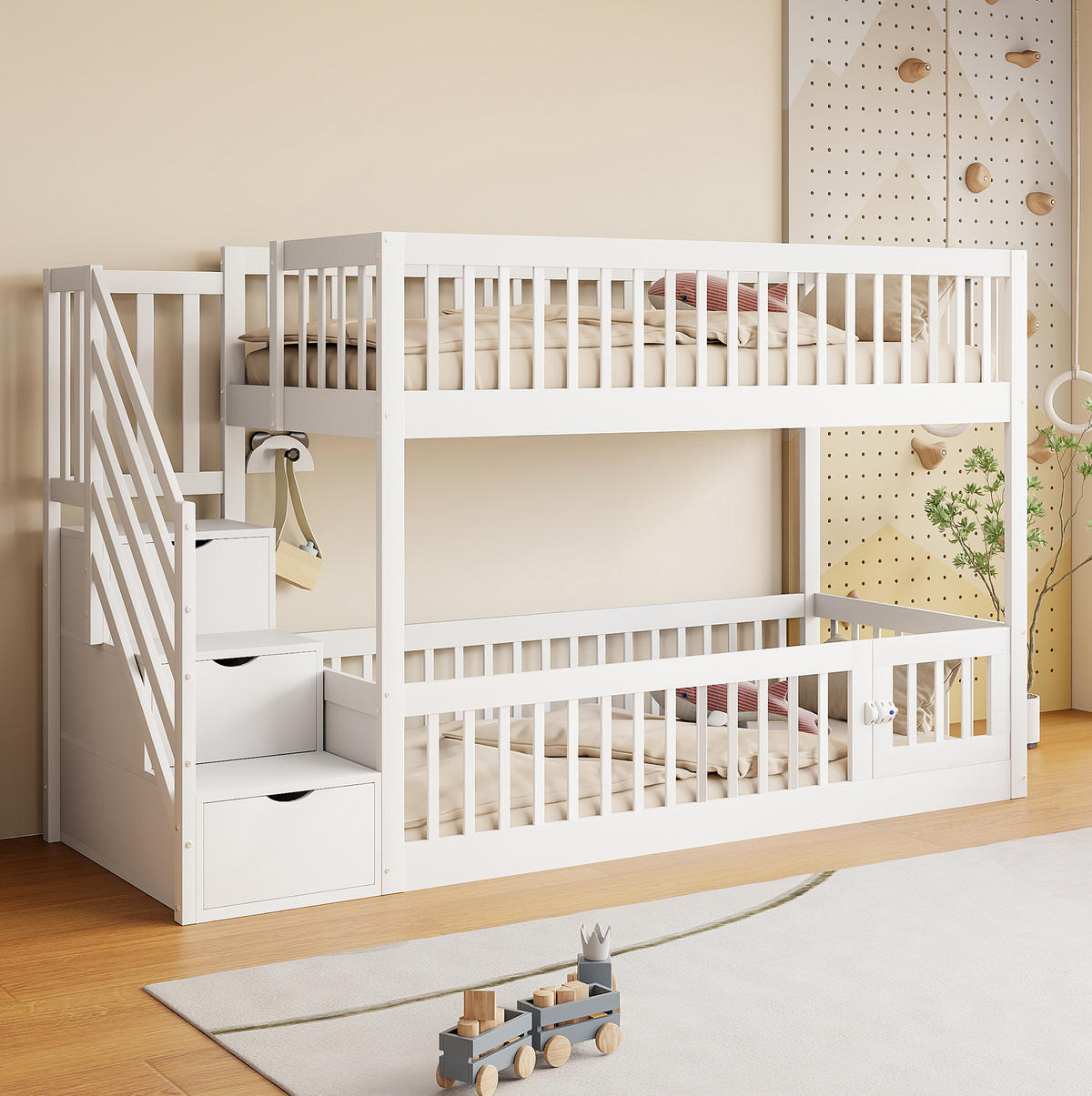 ETAGENBETT mit Stauraumtreppe 90x200 cm Massivholz Weiß - Weiß, Holzwerkstoff (90/200cm) - Beauniv
