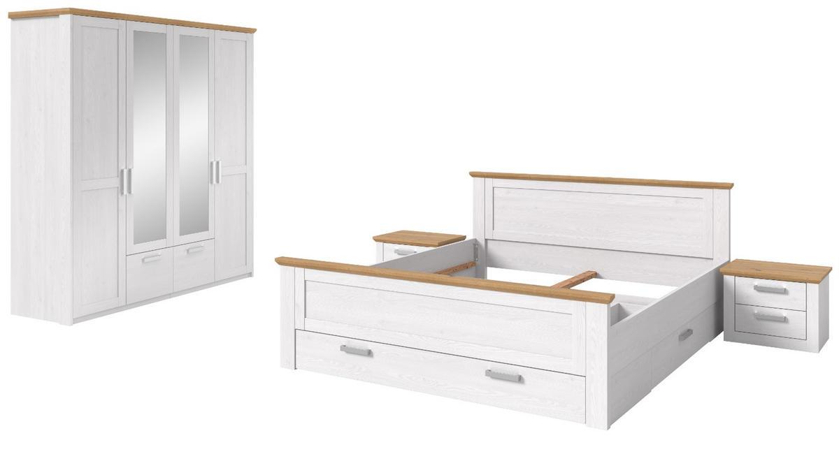 SCHLAFZIMMER weiß Lärche, Eiche Artisan Landhaus, Komplettset mit Bett Liegefläche 180 x 200 cm - Eichefarben/Silberfarben, Holzwerkstoff/Kunststoff (180/200cm) - Inn.Furn
