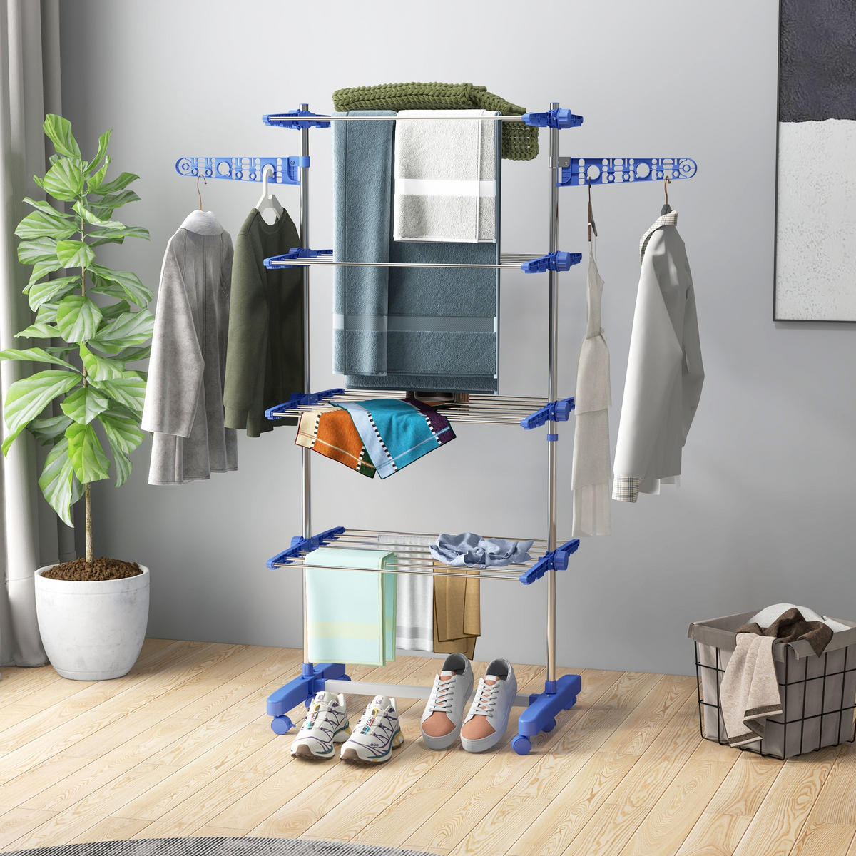 WÄSCHESTÄNDER DE-09794 5 Ebenen, klappbar mit 6 Rollen Blau+Silber - Blau, Metall (142/172/55cm) - ComfortXL
